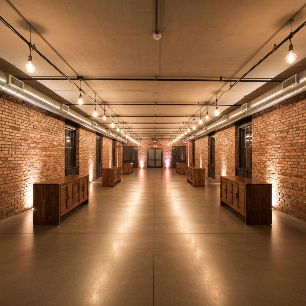 W Space venue interior showing industrial aesthetic with exposed brick and warm lighting
